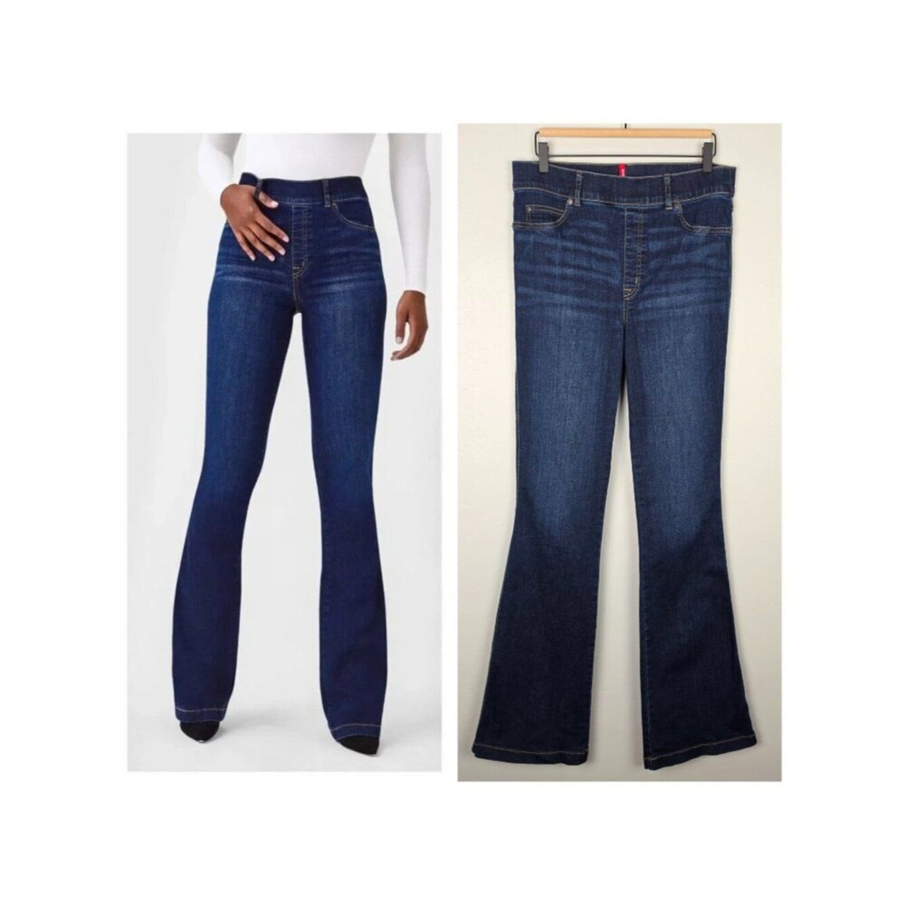 Spanx Size L Tall Flare Jeans Stretch Pull On High Rise Midnight Shade Blue